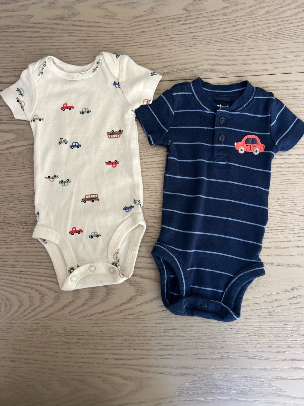 Baby Cotton One-Piece Bodysuits – Navy Stripe & Cream Car Print